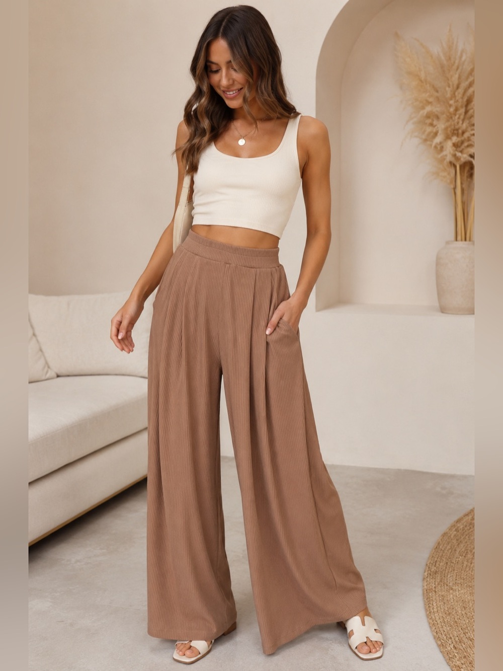 Three Bird Nest Palazzo Pants Women S Wide Leg Pull On Ribbed Tan Camel Stretch